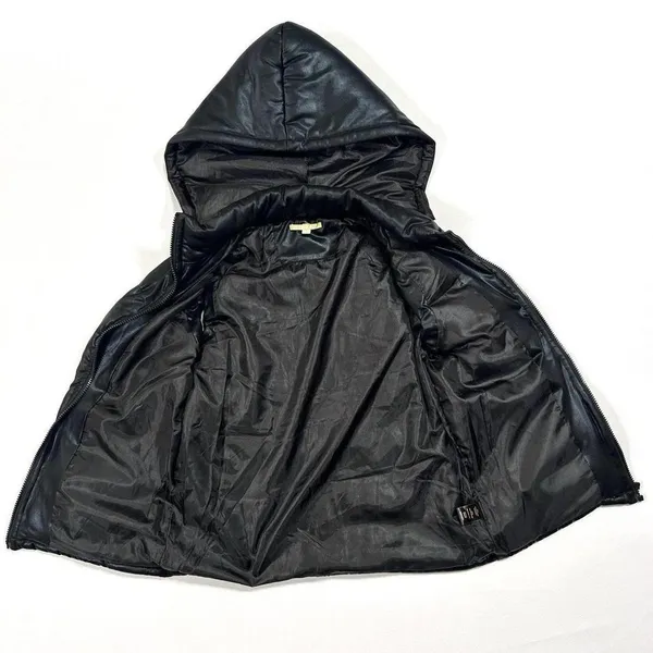 Gianni Bini Puffer Vest‎ Women's Faux Leather Hooded Black Gorpcore Size Small - Image 4