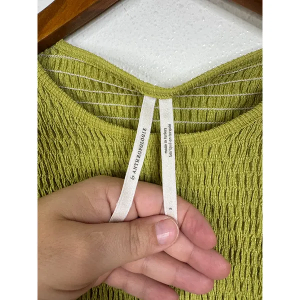 Anthropologie Smocked Puff Sleeve Top Chartreuse Green Textured Blouse Small - Image 3