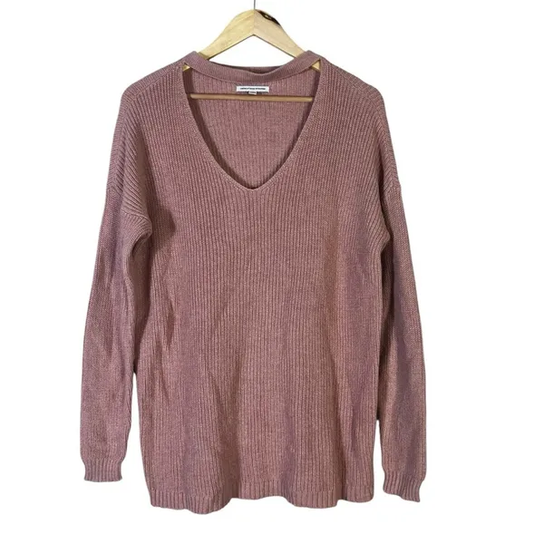 American Eagle Choker V-Neck Shaker Knit Sweater Pink Relaxed Ribbed Size M - Image 2