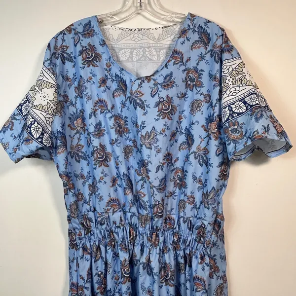 Blue Paisley Floral Bohemian Maxi Dress V-Neck Elastic Waist Short Sleeve - Image 3