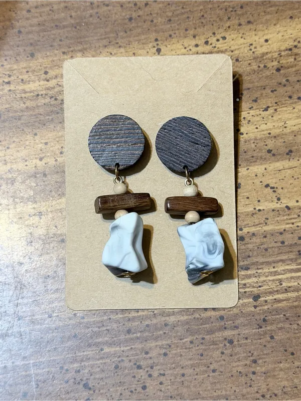 Handmade Wooden & Marbleized Drop Earrings - Brown and White - Image 2