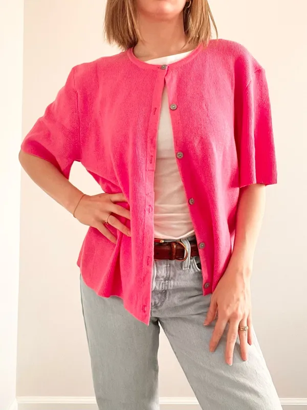 Boutique Brand Bright Pink Short-Sleeve Button Cardigan Top - Image 2