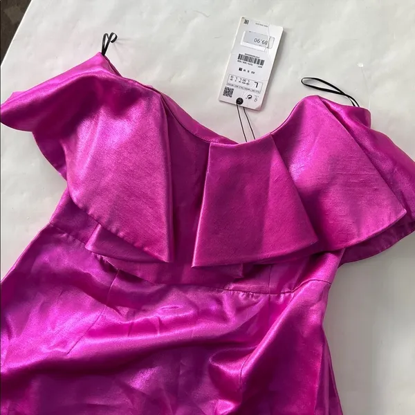 NWT Zara Metallic Pink Strapless Ruffle Mini Dress Sz Large - Image 6