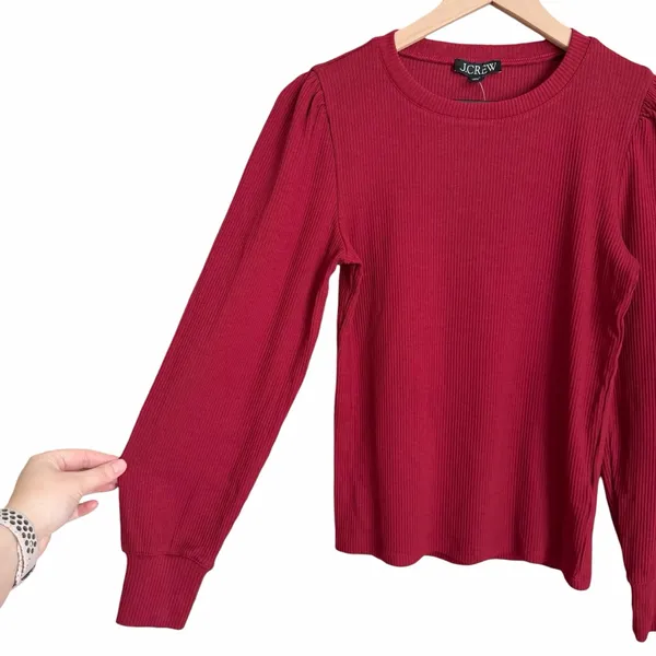 J. Crew Ribbed Puff Sleeve Crewneck Top Red Size Small NWT - Image 3