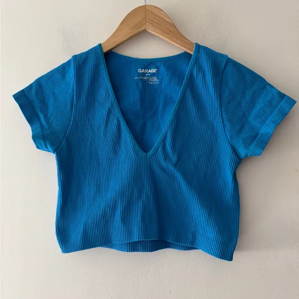 Garage Blue Seamless Ribbed V Neck Crop‎ Top - Image 2