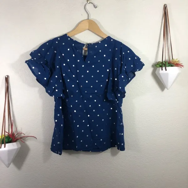 NWT J. Crew Ruffle Flutter Sleeve Metallic Polka Dot Top - foil Indigo Silver - Image 9