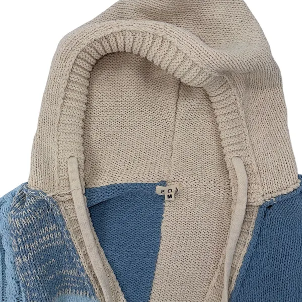POL Blue Beige Patchwork Knit Hooded Button Cardigan Sweater Cozy Boho Size M - Image 5