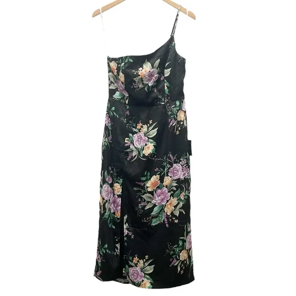 NWT Lulus Keepin' It Chic Black Floral Satin One-Shoulder Midi Dress Size Medium - Image 2