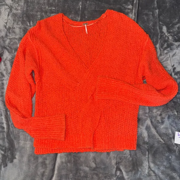 Free People Coco V-Neck Surplice Sweater M Orange Boho Chunky Knit Oversized - Image 2