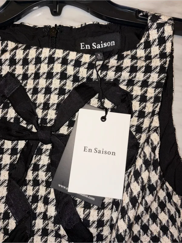 NWT En Saison Houndstooth Tweed Bow Mini Dress Black White Size S - Image 4