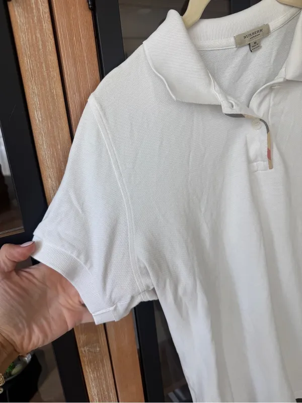 Burberry polo shirt short sleeve top collar cotton plaid trim embroidered logo - Image 7