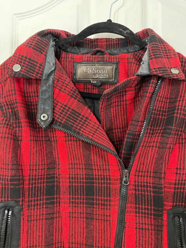 Red & Black Plaid Moto Jacket With Faux Leather Sleeves - Image 3
