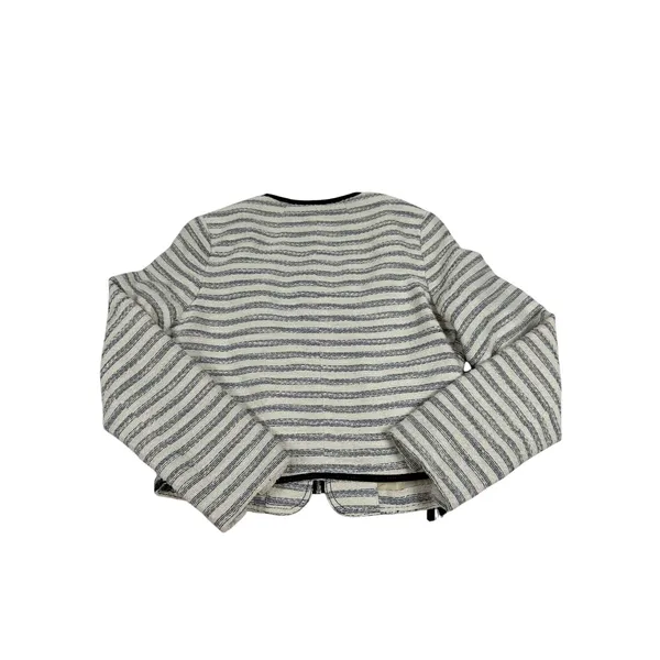American Eagle Striped Cropped Moto Jacket Cream Navy Blue Faux Leather Trim L - Image 4