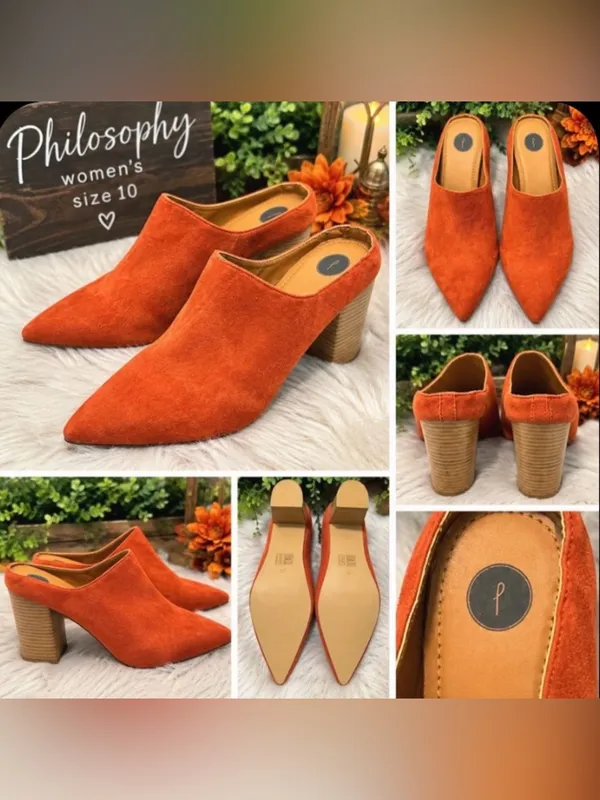 Philosophy Women's Burnt Orange Suede Pointed-Toe Mule Heels size 10 - Image 4