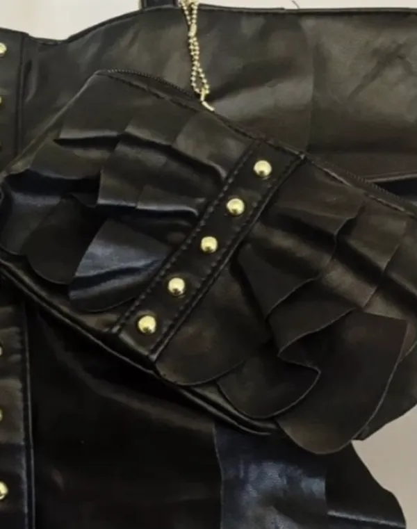 Designer Shoe Warehouse Black Faux Leather Ruffled Shoulder Tote Bag + Matching Pouch - Image 7