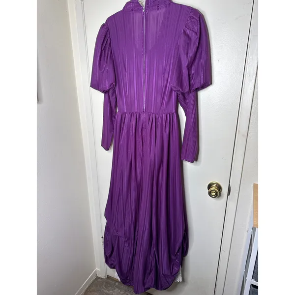 VTG 80s Handmade Purple Pleated Maxi Dress Lace Trim Puff Sleeve Victorian Gown - Image 5
