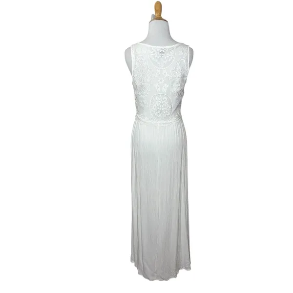 Forever 21 White Lace Sheer V Neck Dress Slit At Bottom Button Front Maxi Size M - Image 5
