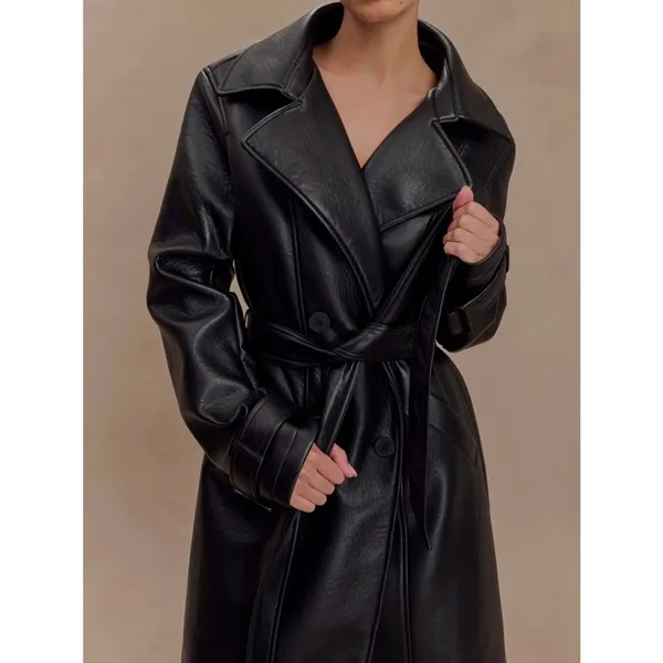 Meshki Tarah Faux Leather Trench Coat Black Large EUC - Image 4