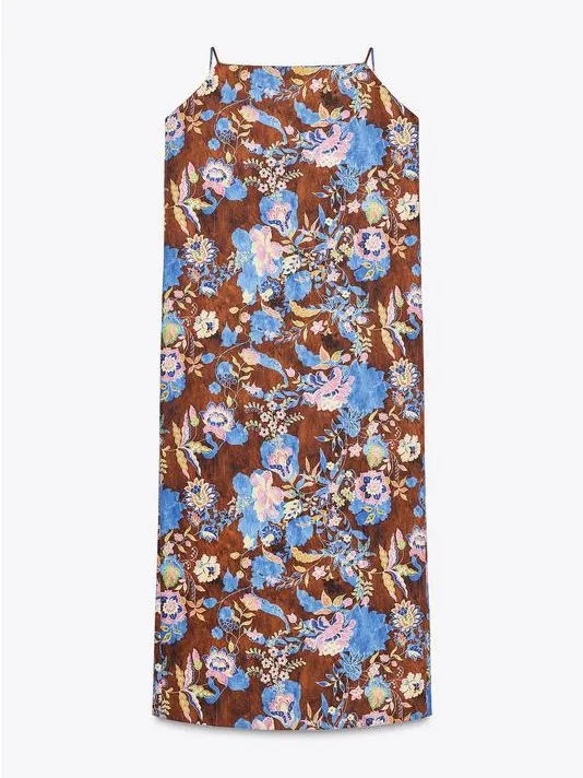 NWT Zara Floral Midi Apron Cotton Brown Dress Sz L - Image 9