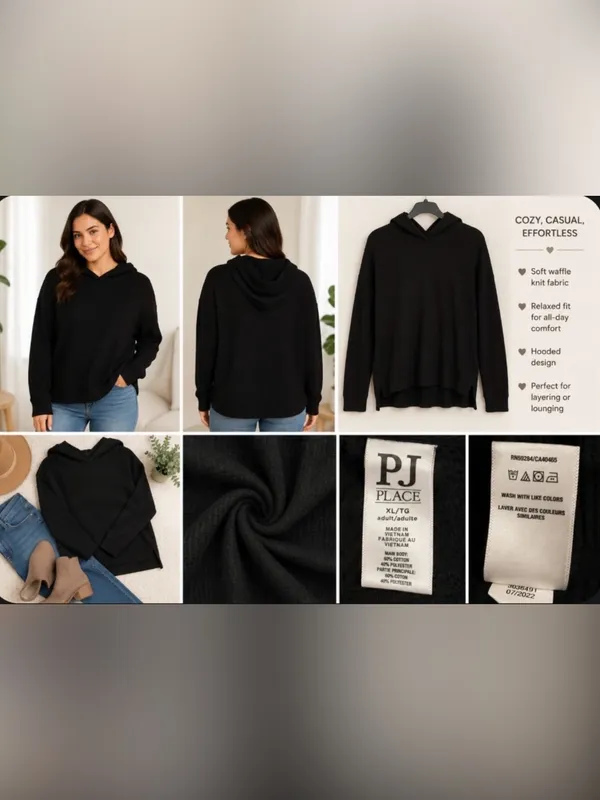Diesel PJ Place Black Waffle Knit Hoodie Oversized Thermal Pullover Size XL - Image 3