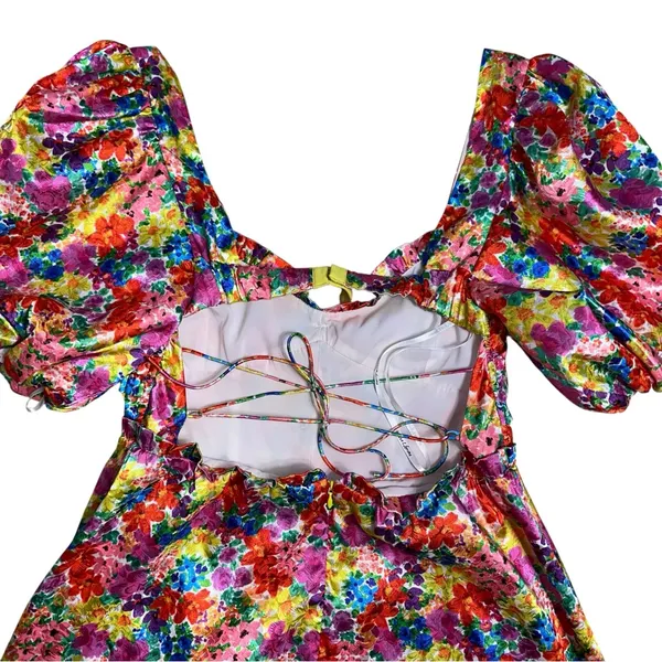 For Love & Lemons Vibrant Floral Merrill Puff Sleeve Mini Dress Womens L - Image 6