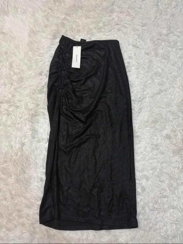 NWT urban outfitters Black High-Slit Ruched Midi Skirt with keyholes - Image 6
