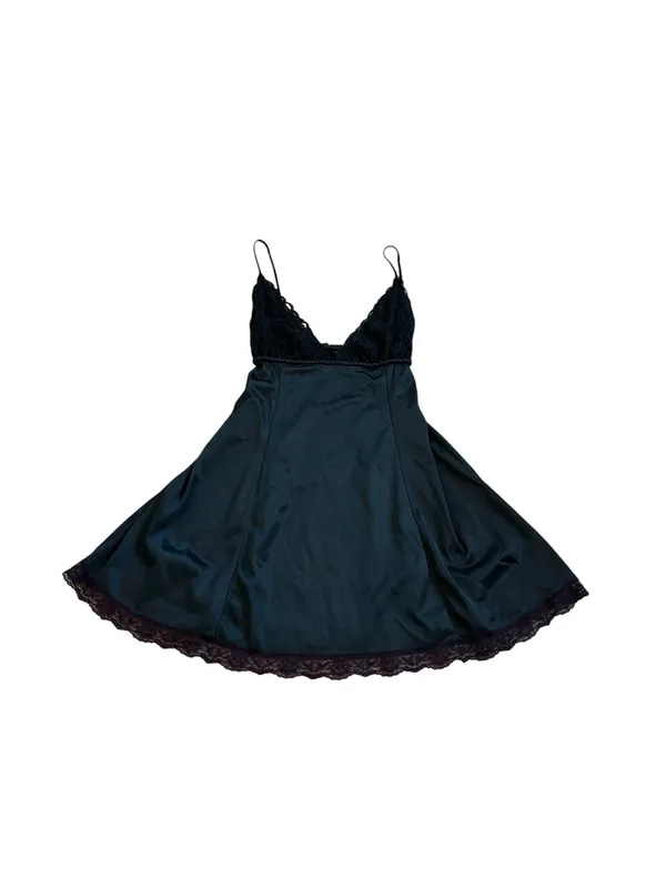 Vintage Silky Nylon Black Lingerie Slip Dress Lace Trim Empire Waist Dark Fairy - Image 2