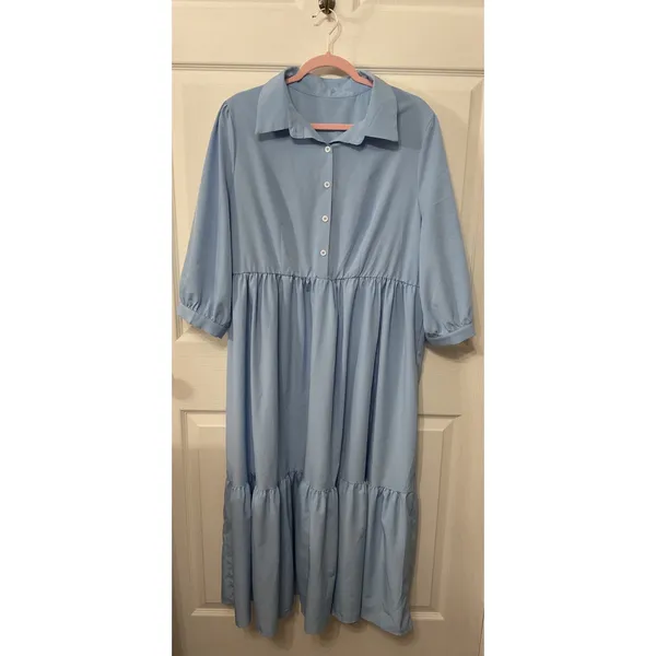 NWOT SHEIN Curve Blue Plus Size Button Front Tiered Long Sleeve Boho Dress, 2XL - Image 3
