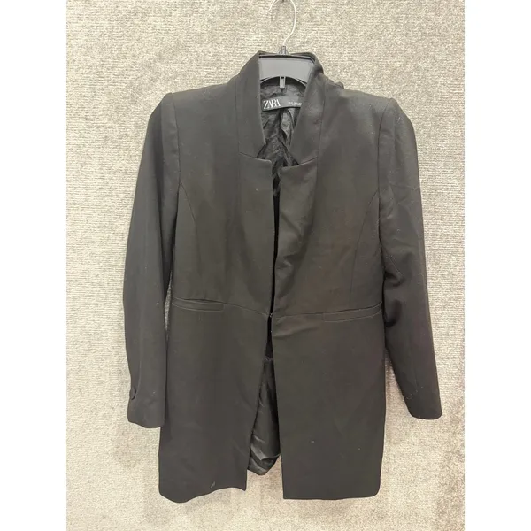 Zara Women Blazer XL Black Open Front Longline Minimalist Crepe Hook-and-Eye - Image 2
