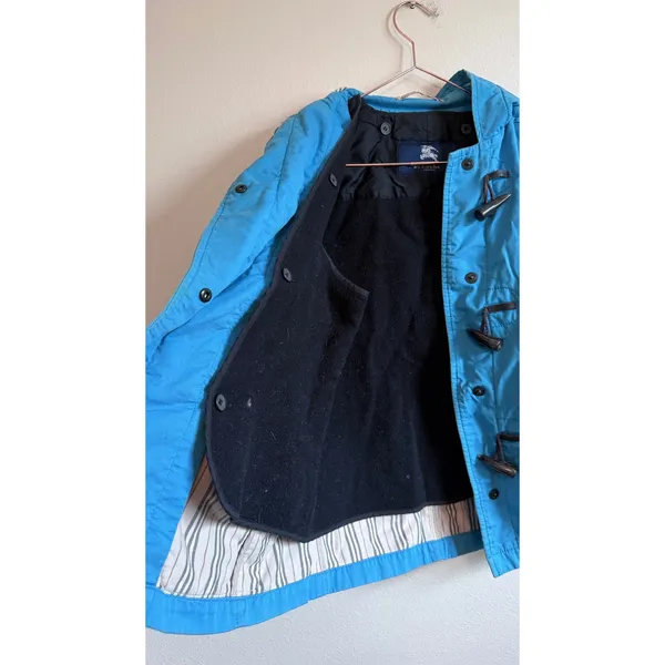 Burberry Toggle Coat Women 12 Blue Hooded Wool Liner Jacket Classic Luxury - Image 10