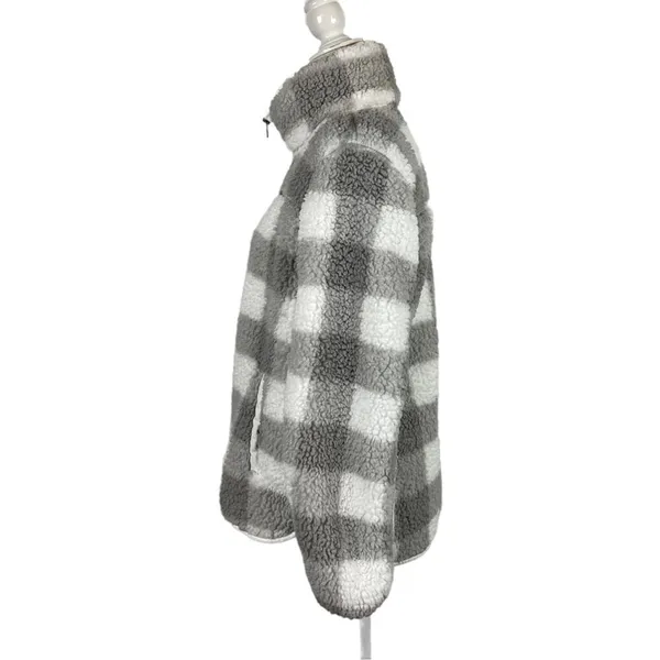 Abercrombie Sherpa Check Fleece Plaid Full Zip Jacket Coat Gray and White Size Medium - Image 8
