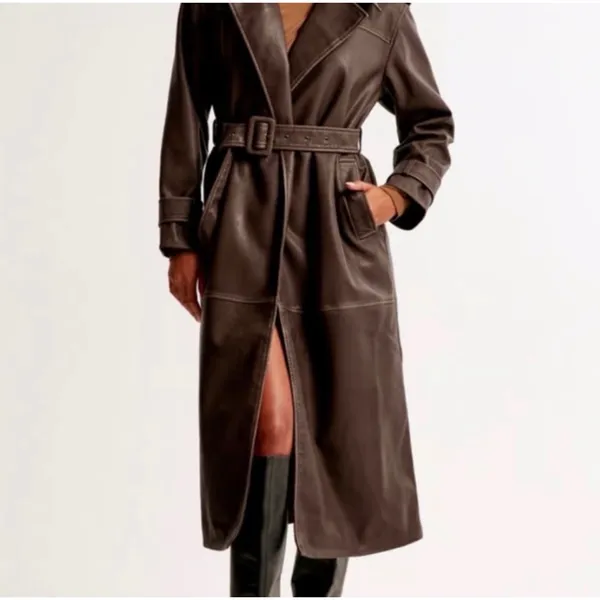 NWT Abercrombie & Fitch Vegan Leather Trench Coat Chocolates Brown Mob Wife XL - Image 3