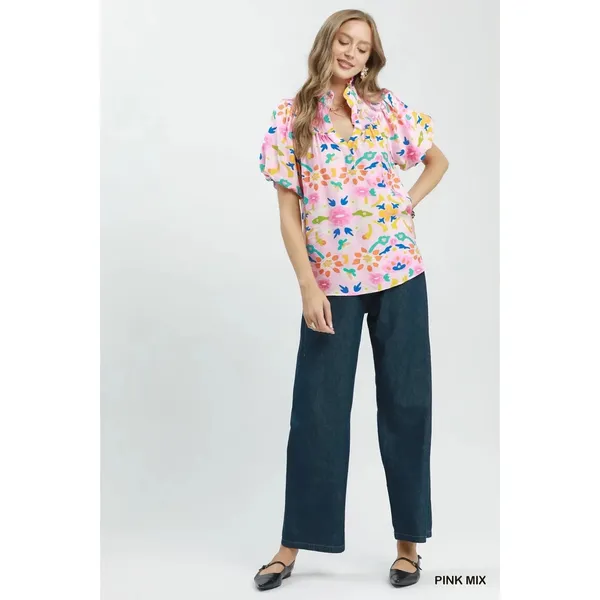 Umgee Folk Art Print Top with Smocked Detail - Medium - Image 5