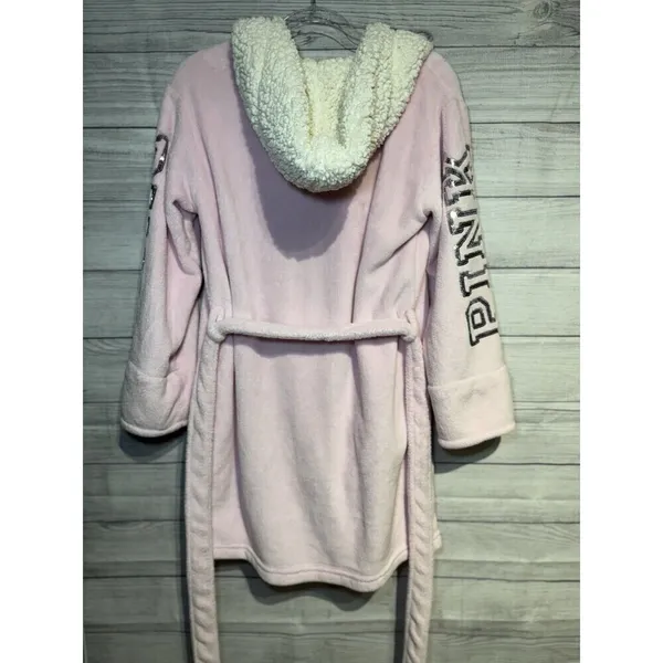 PINK Victoria's Secret Fleece Robe Size XS/S Pink Bling Belted Sherpa Hood - Image 4