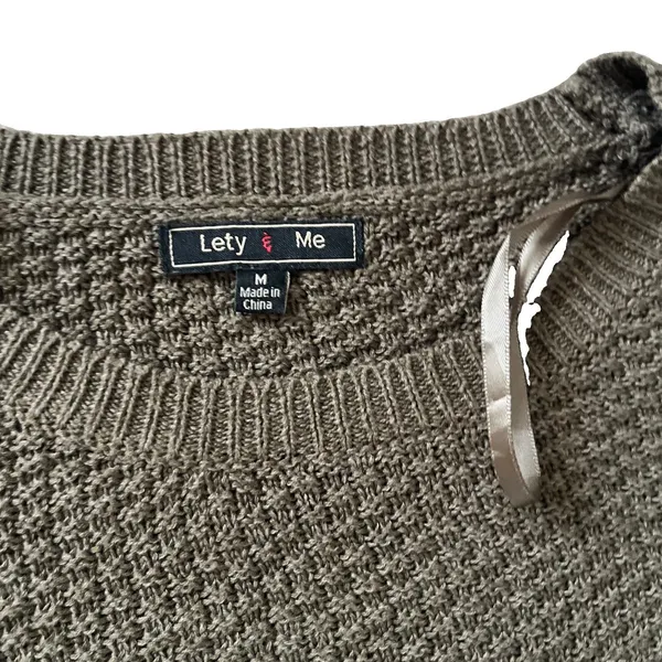 Leti & Me Josey Sweater Basketweave Pullover Olive Green Elbow Patches M - Image 4