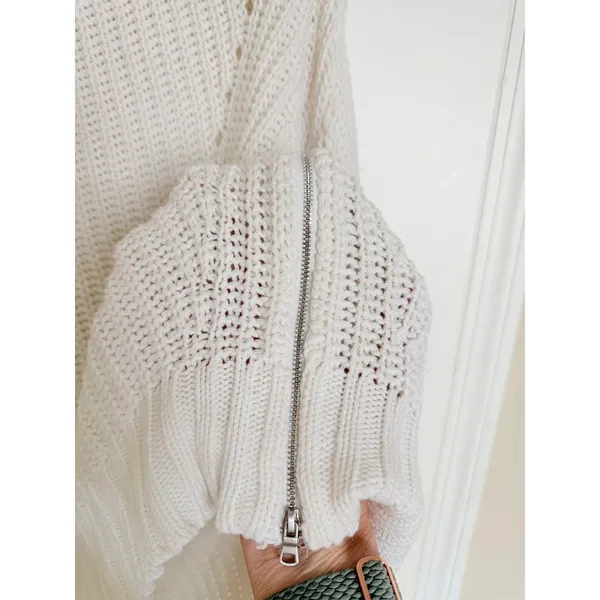 7 For All Mankind‎ Sweater Womens Medium Cream White Side Zip Shaker Knit Cotton - Image 4