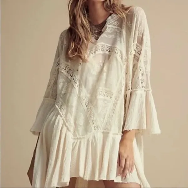 Free People Layered In Lace Swing Dress Tunic Ivory White Small - Image 3