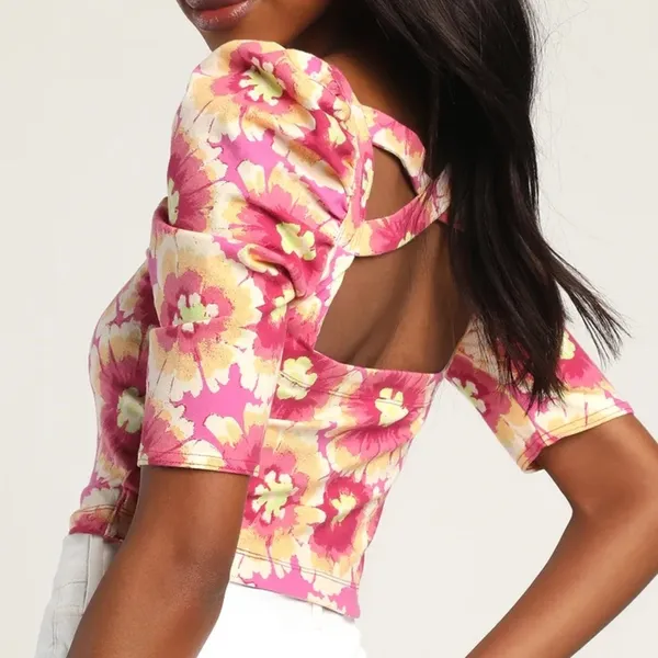 Free People Give Me More Pink Multi Floral Half Sleeve Crop Top NWT - Image 2