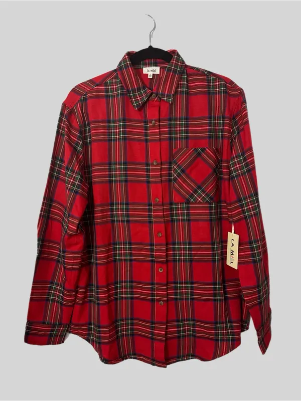 La Miel Plaid Oversized Shirt Red Button Front Long Sleeve Womens Small New - Image 5