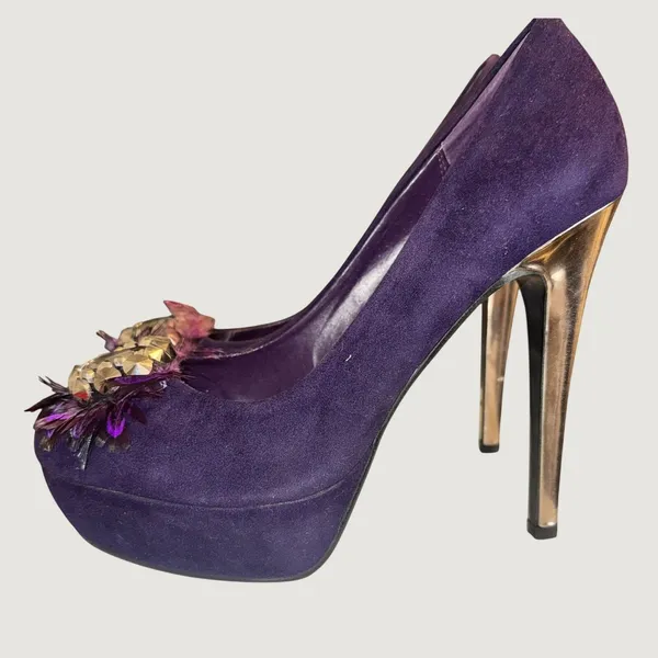 1665 | Aldo Bouch Jewel‎ Feather Embellished Platform Pump Purple Women 9 / 40 - Image 5