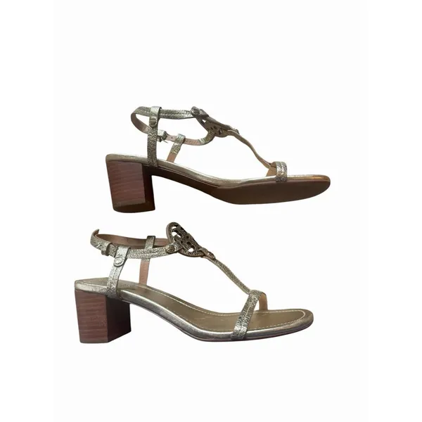 Tory Burch Gold Metallic T-Strap Wood Block Heel Sandals Logo Leather 8 Designer - Image 4