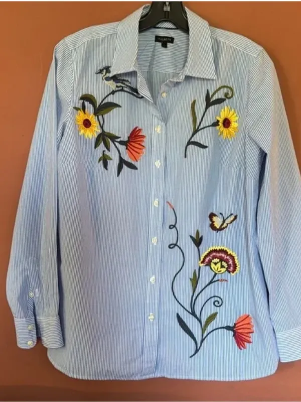 Talbots Embroidered Stripe Button-Down Shirt - Light Blue - Image 2