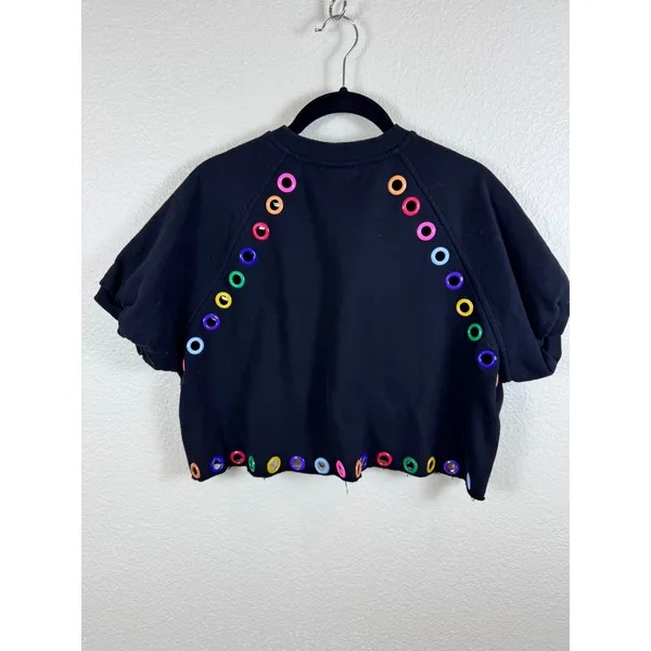 Queen of Sparkles‎ Black Sweatshirt Womens XS Rainbow Grommet Cropped Raw Hem - Image 3
