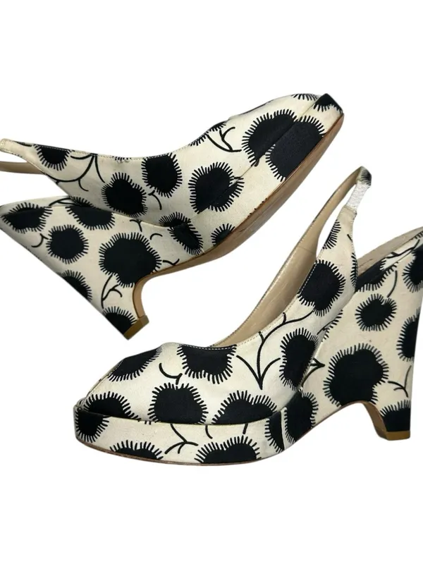 Oscar de la Renta Women’s 37.5 7.5 Black Cream Floral Slingback Platform Wedges - Image 8