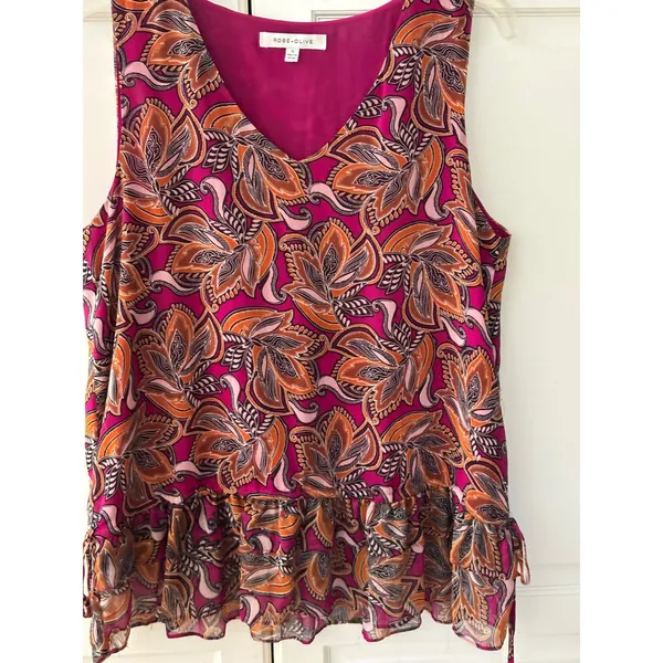 Rose + Olive Magenta Pink Paisley Peplum Sleeveless V-Neck Blouse Top Womens Med - Image 3