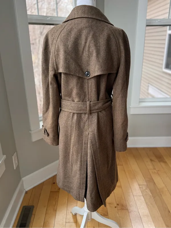 Vintage GAP Tan Wool Herringbone Belted Trench Coat Size Medium - Image 9