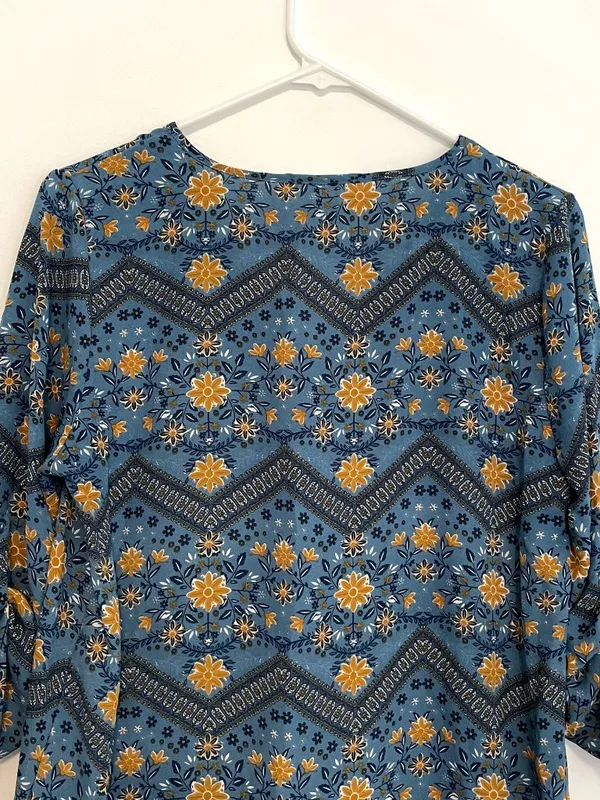 PINK ROSE Blue Mustard Navy Floral Chevron 3/4 Sleeve Roll Tab Sleeve Blouse Top - Image 11