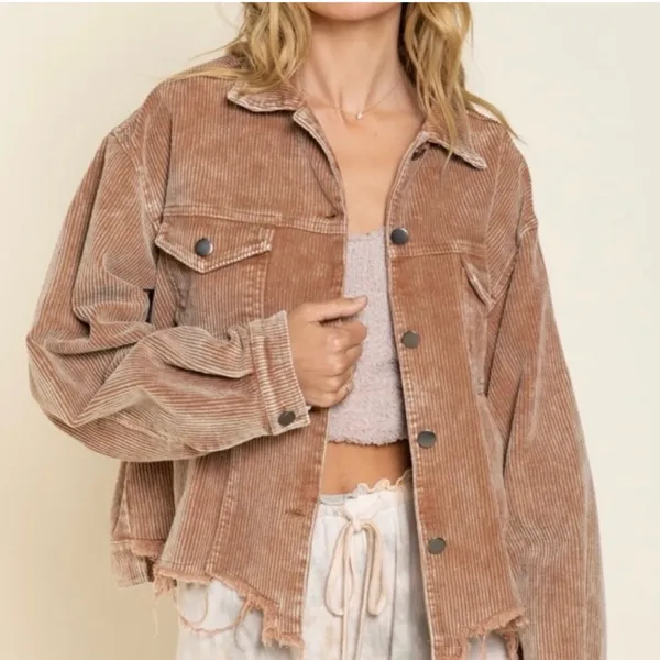 POL Frayed Hem Vintage Inspired Teddy Bear Brown Cropped Corduroy Jacket S - Image 12