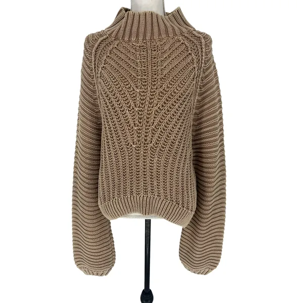 Free People‎ Sweetheart Chunky Knit Mockneck Sweater Sandcastle L - Image 6