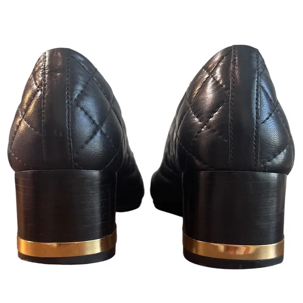 Tory Burch Claire Quilted Block Heel Pumps Black Gold Logo Leather Size 8 - Image 5